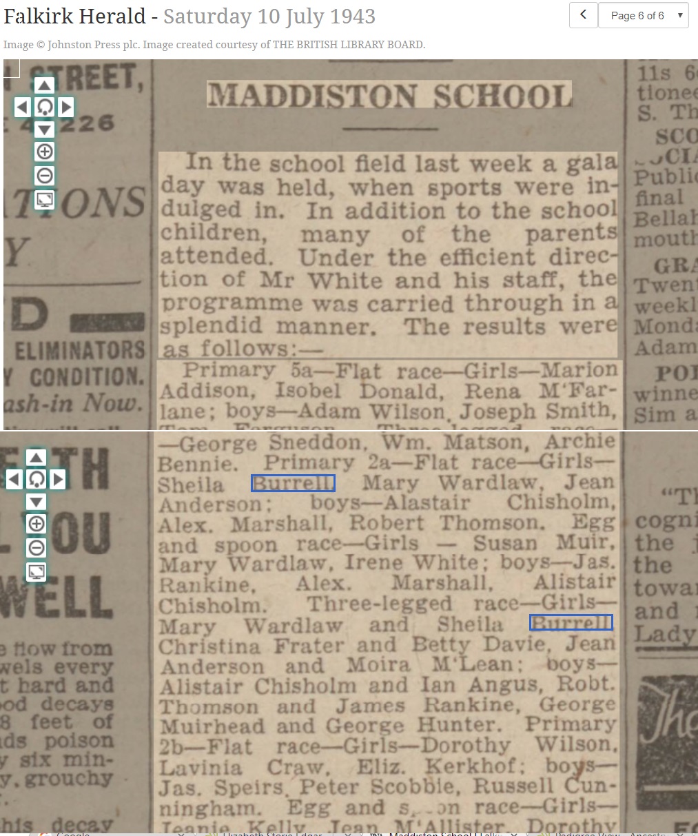 Sheila Burrell 1943 Maddiston School, July 10, 1943, Linked To: <a href='i411.html' >Sheila MacGregor Burrell</a>